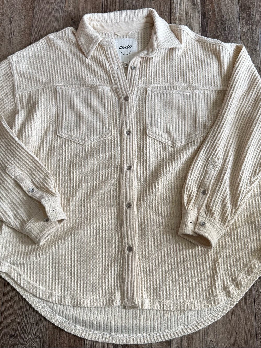 Aerie Cream Waffle-Knit Snap Front Shirt